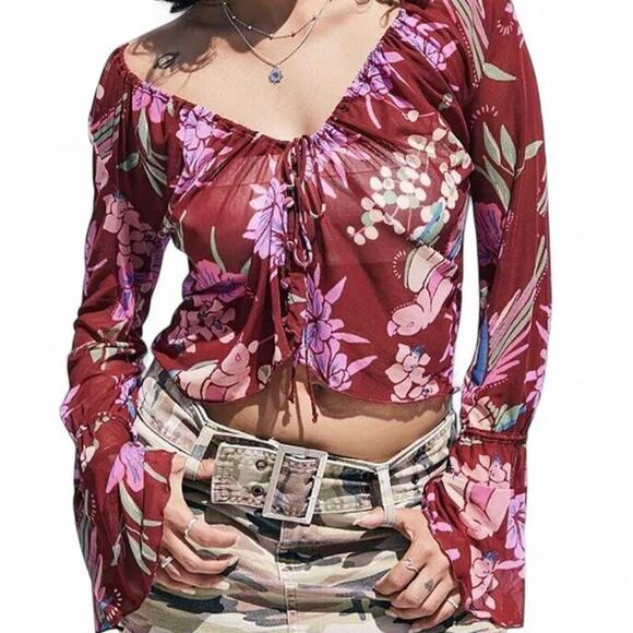 Free People Burgundy Floral Print Cropped Top With Bell Sleeves and tie front - Picture 1 of 7